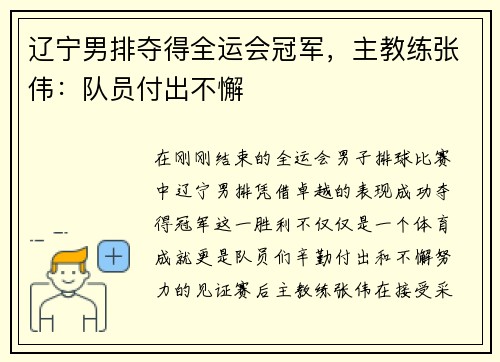 辽宁男排夺得全运会冠军，主教练张伟：队员付出不懈