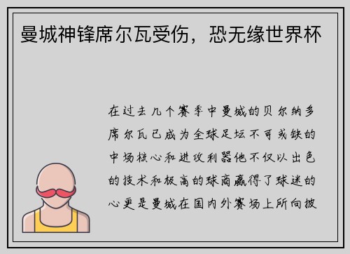 曼城神锋席尔瓦受伤，恐无缘世界杯